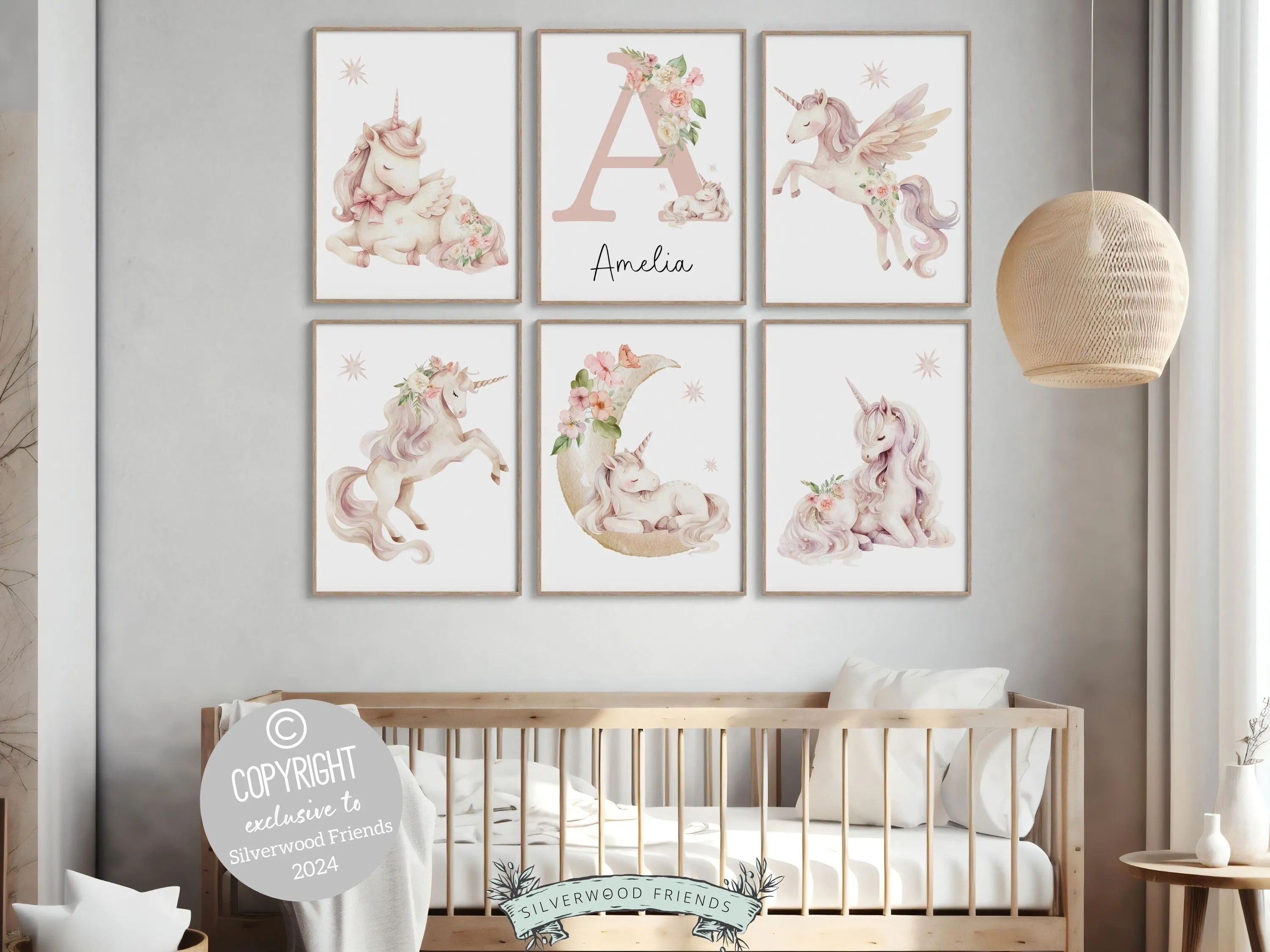 Set of 6 Floral Unicorn Nursery Prints - Personalised