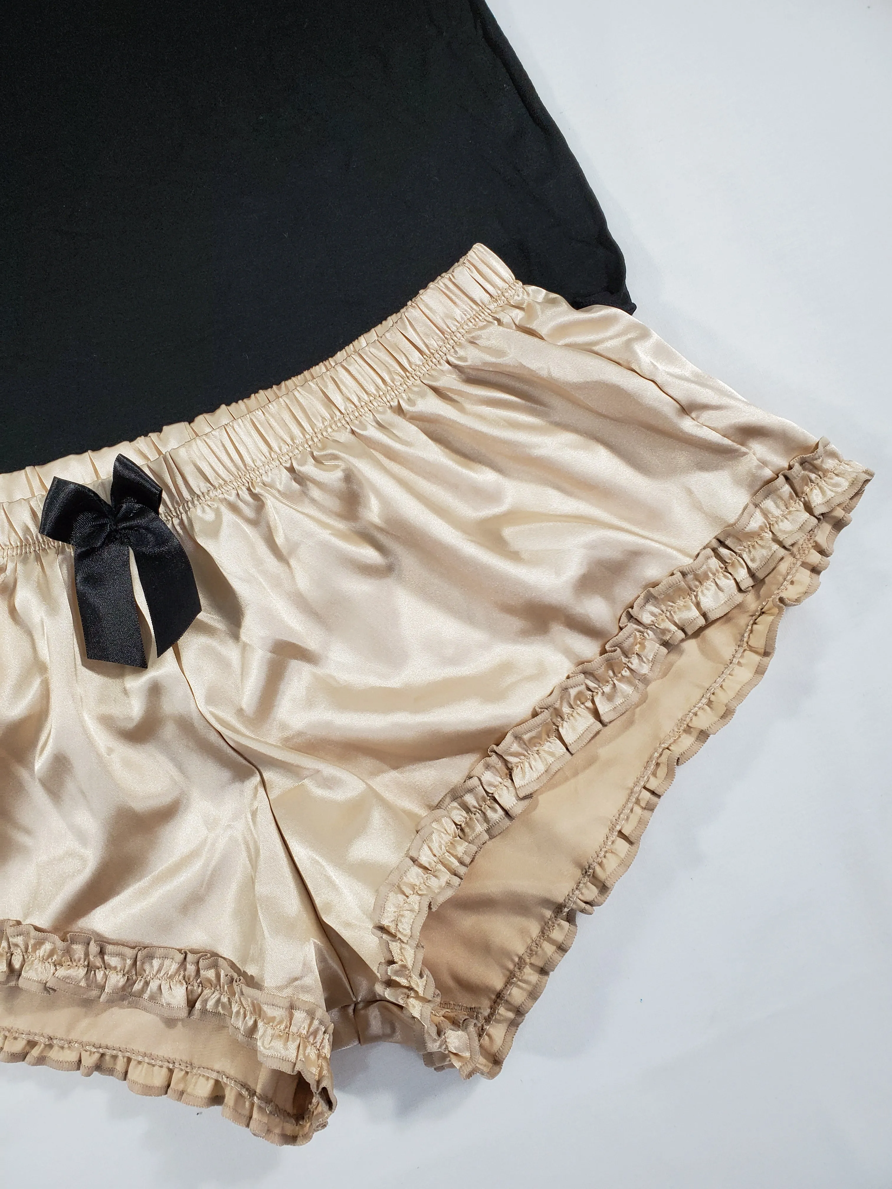 Sexy Women's pajama light gold satin shorts black blouse