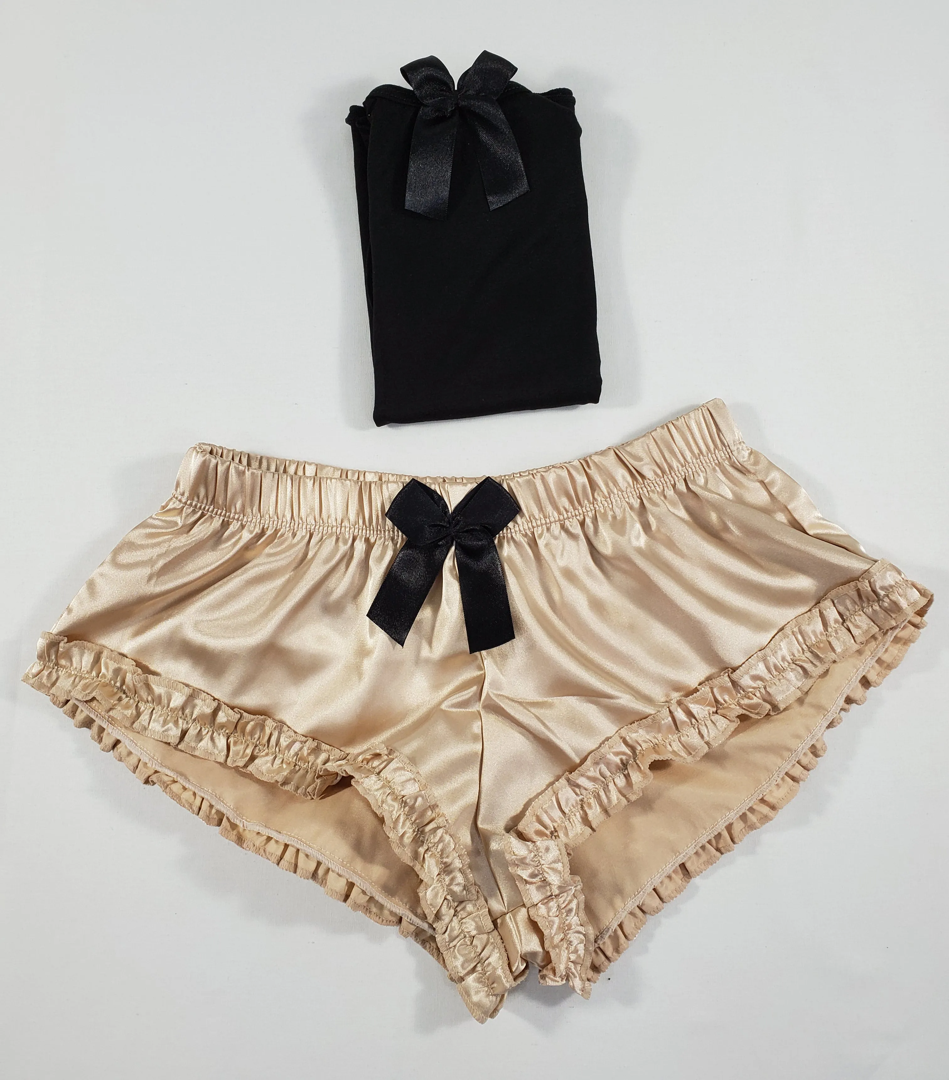 Sexy Women's pajama light gold satin shorts black blouse