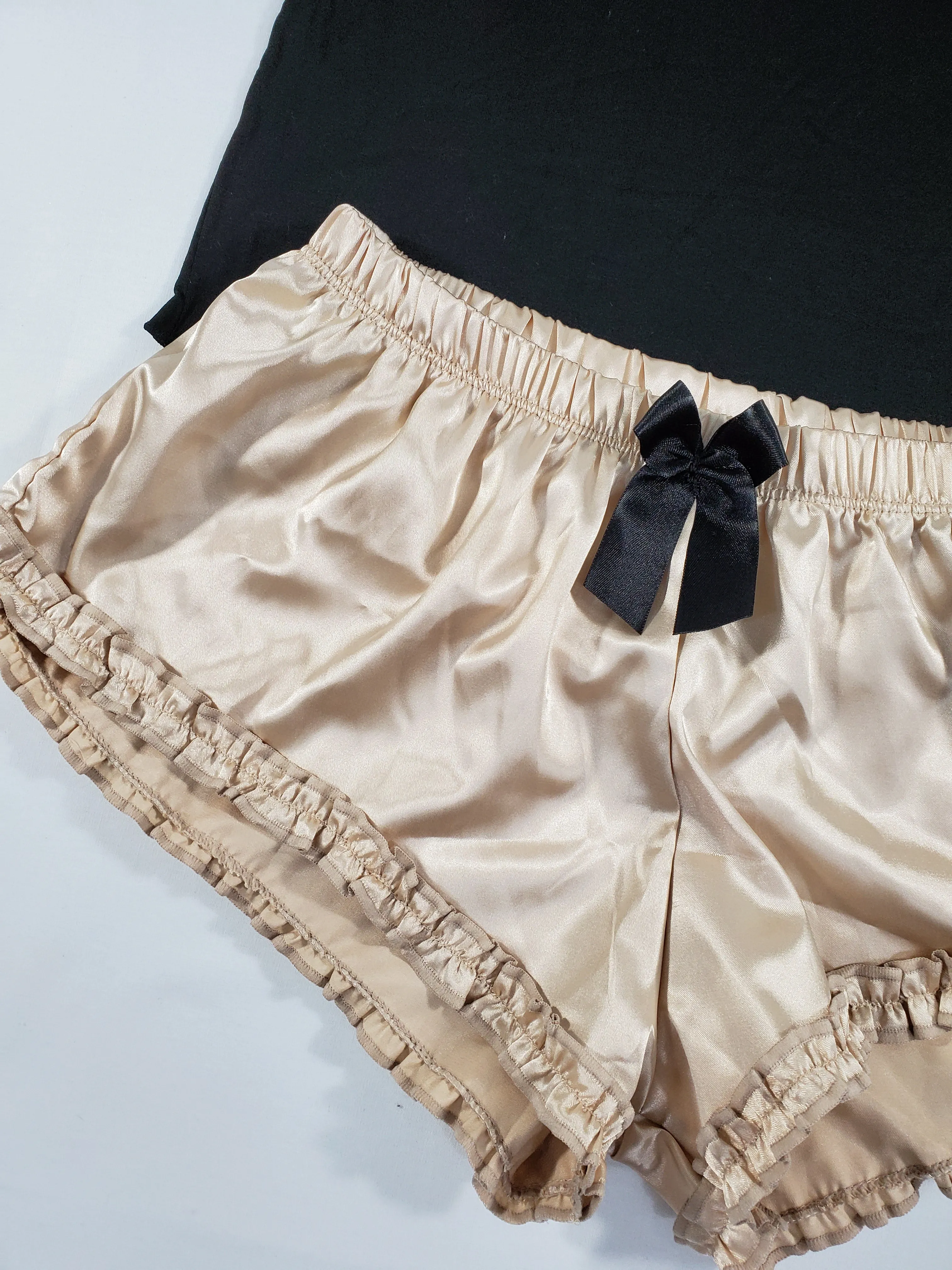 Sexy Women's pajama light gold satin shorts black blouse