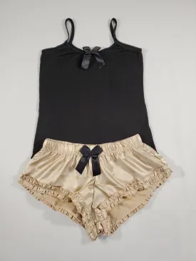 Sexy Women's pajama light gold satin shorts black blouse