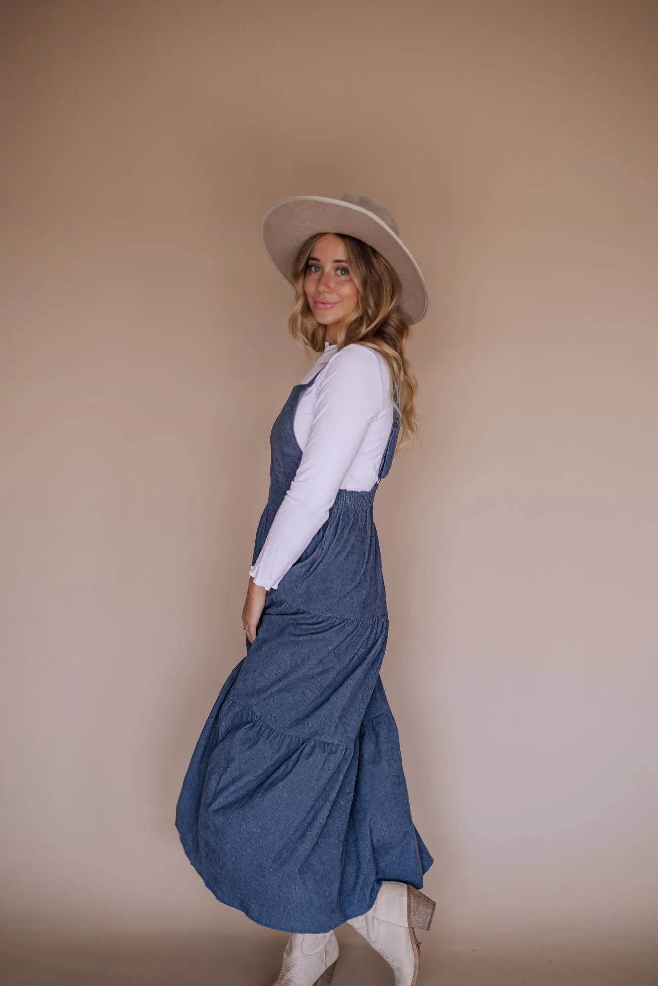 Shay Overall Dress in Denim Blue