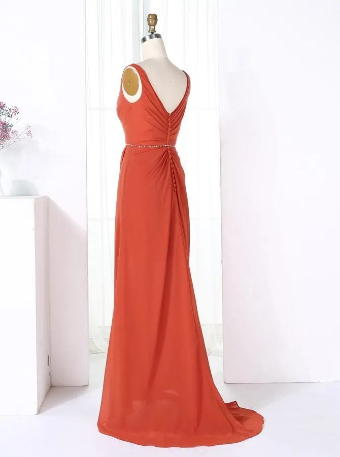 Sheath V-Neck Sweep Train Red Chiffon Long Bridesmaid Dress with Split (BMA202L)