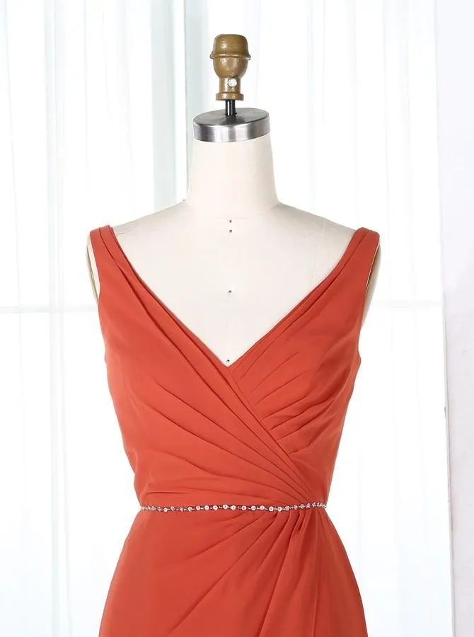 Sheath V-Neck Sweep Train Red Chiffon Long Bridesmaid Dress with Split (BMA202L)