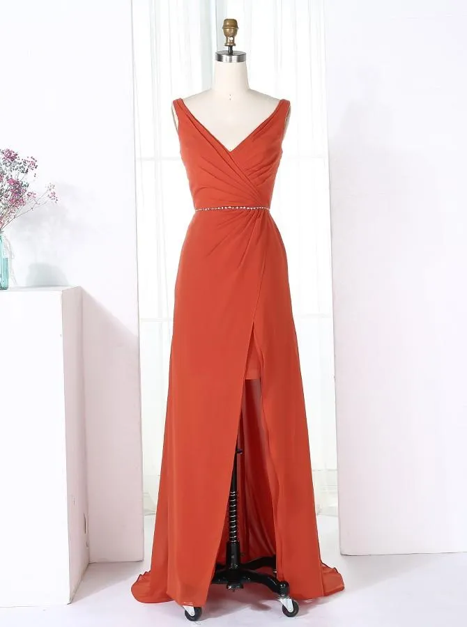 Sheath V-Neck Sweep Train Red Chiffon Long Bridesmaid Dress with Split (BMA202L)