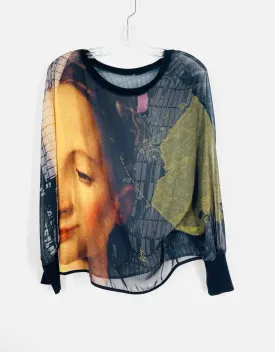 Size 6 Black/Multi Abstract Chiffon Designer Top-Long Sleeve