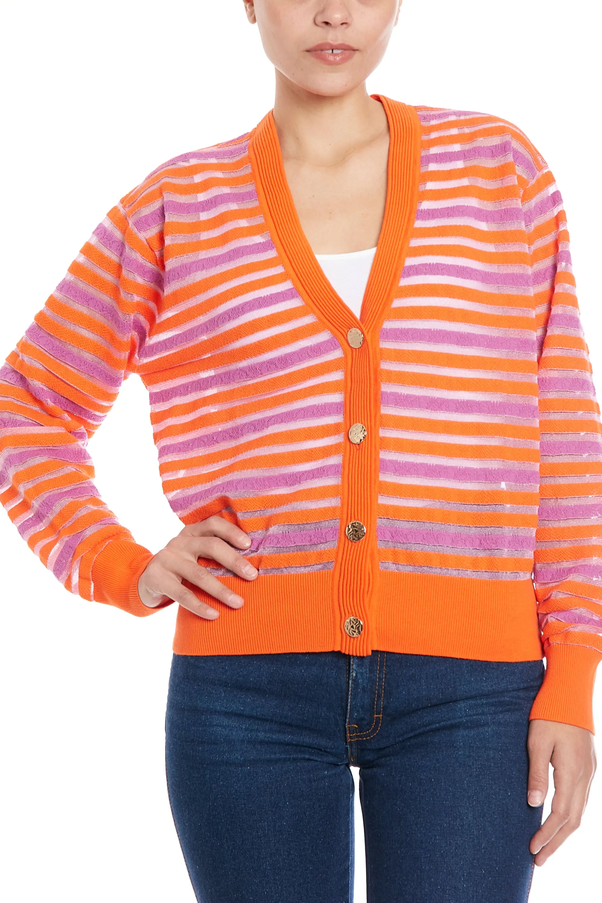 Striped Cardigan in Orange Peel and Navy