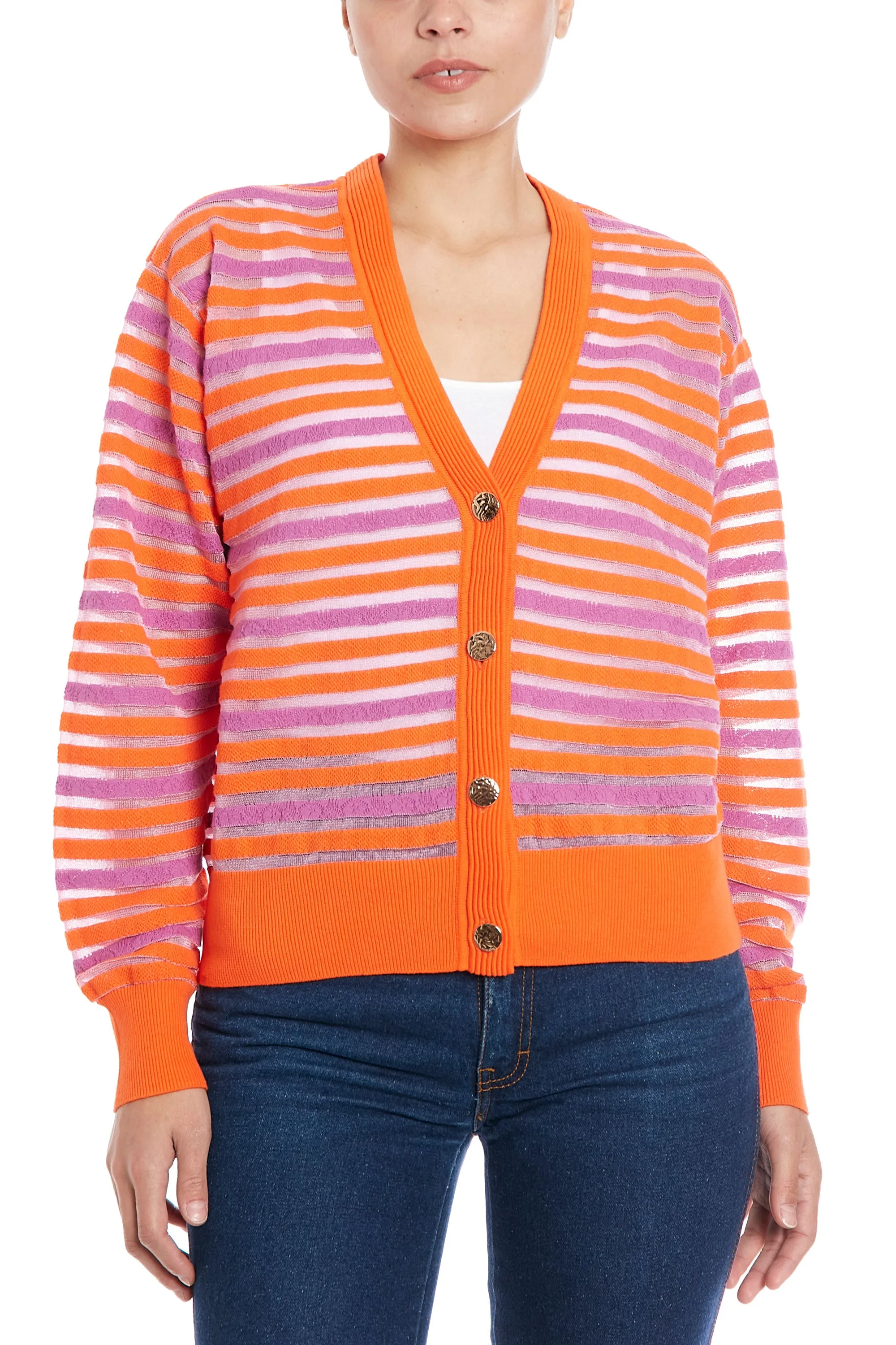 Striped Cardigan in Orange Peel and Navy