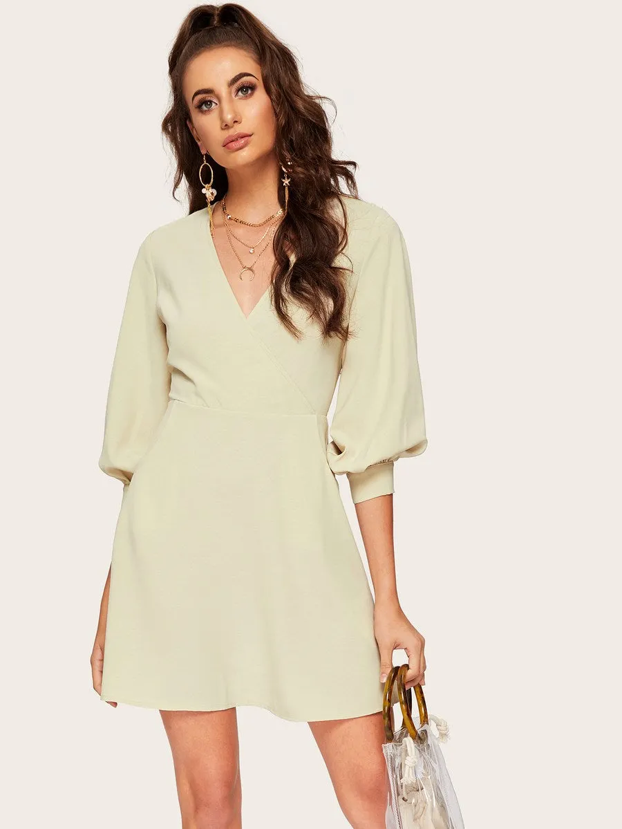 Surplice Neck Lantern Sleeve Dress