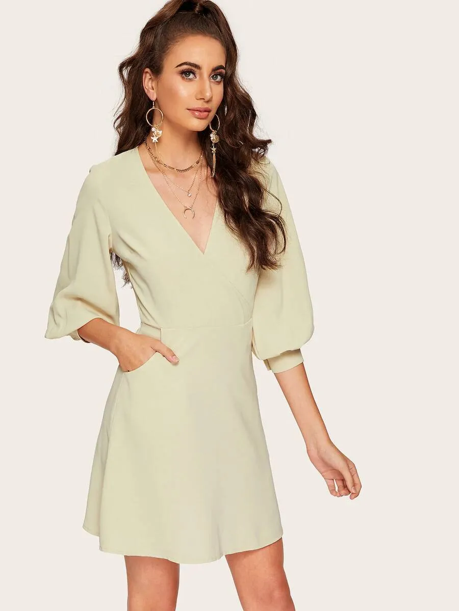 Surplice Neck Lantern Sleeve Dress