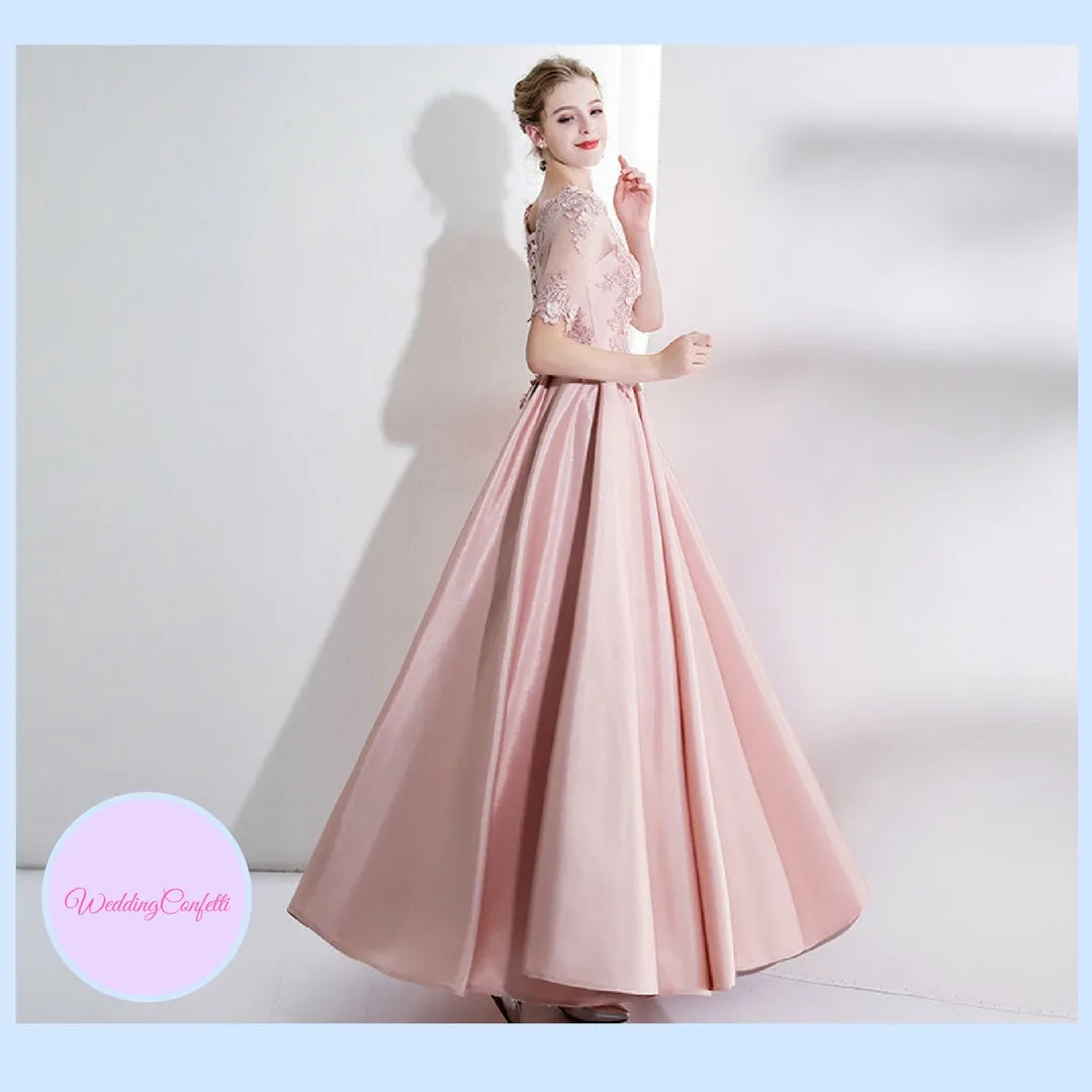 The Kadienne Pink Long Sleeves Satin Gown