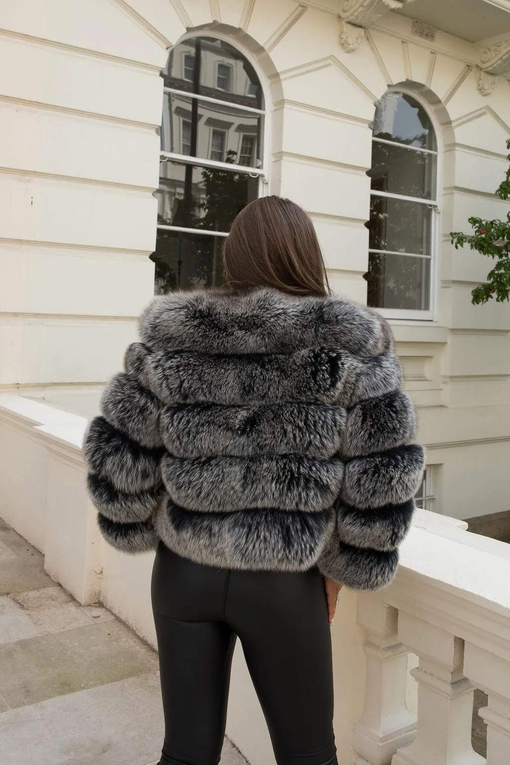 Two Tone Grey Luxury Fur 5 Row Cropped Sleeve Jacket