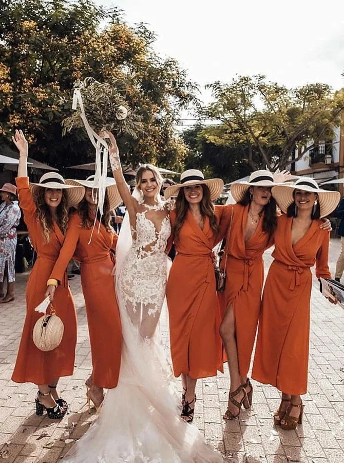 V-Neck Floor Length Orange Chiffon Bridesmaid Dress (BMA20143)