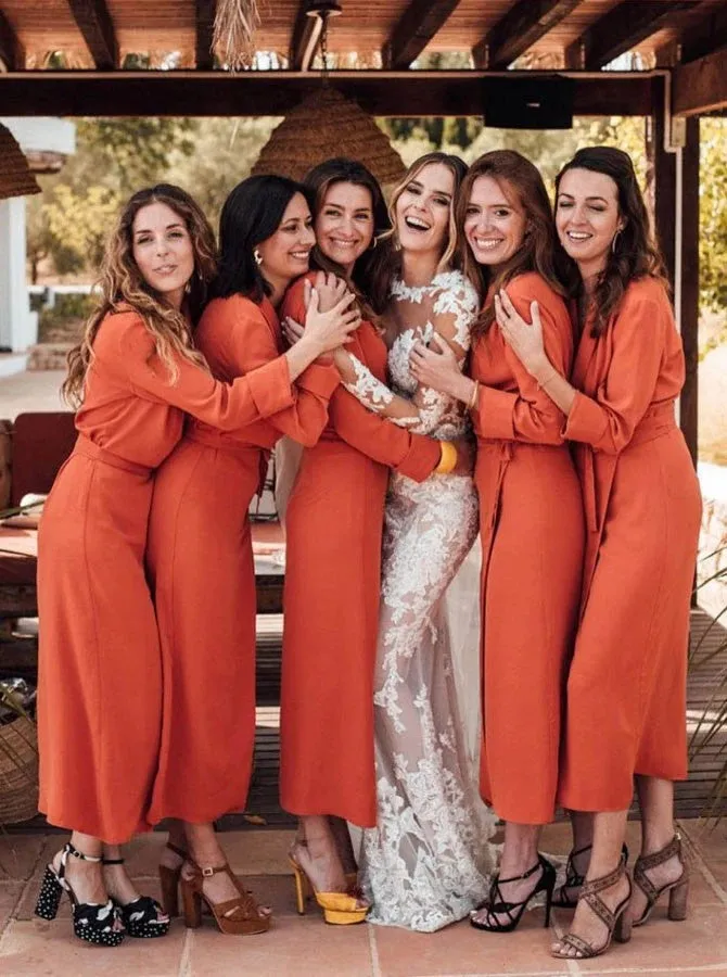 V-Neck Floor Length Orange Chiffon Bridesmaid Dress (BMA20143)