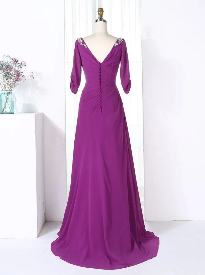 V-Neck Half Sleeves Purple Chiffon Beaded Long Bridesmaid Dress(BMA201L)