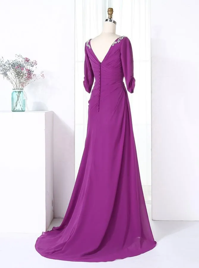 V-Neck Half Sleeves Purple Chiffon Beaded Long Bridesmaid Dress(BMA201L)