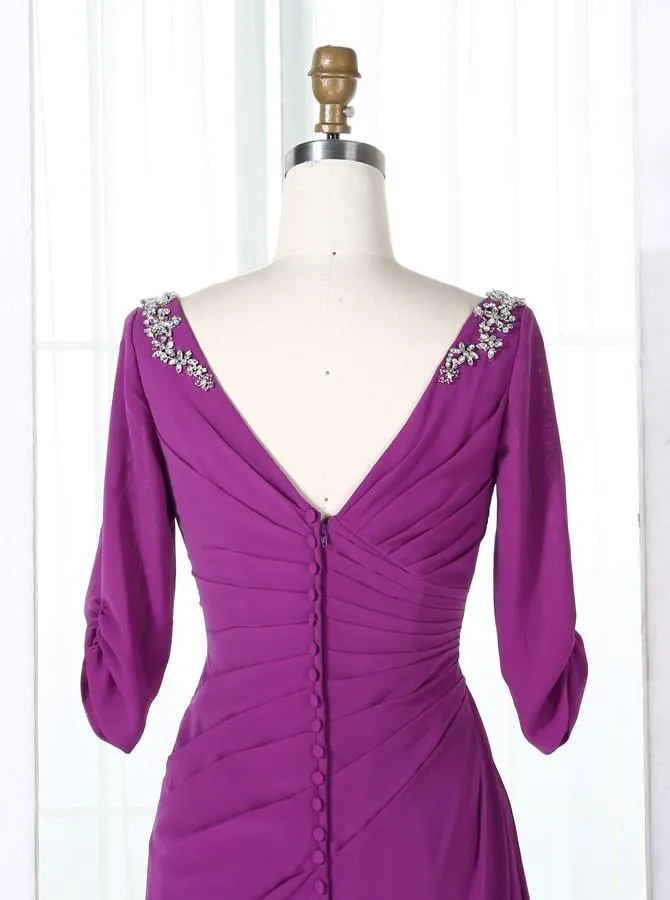 V-Neck Half Sleeves Purple Chiffon Beaded Long Bridesmaid Dress(BMA201L)