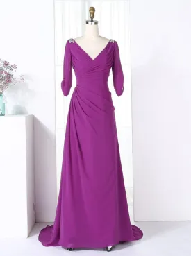 V-Neck Half Sleeves Purple Chiffon Beaded Long Bridesmaid Dress(BMA201L)