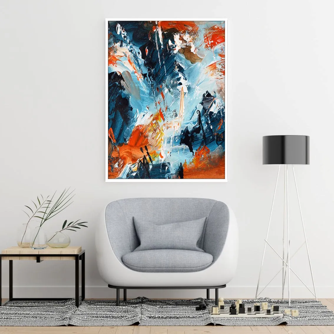 Vertical blue & orange abstract wall art print