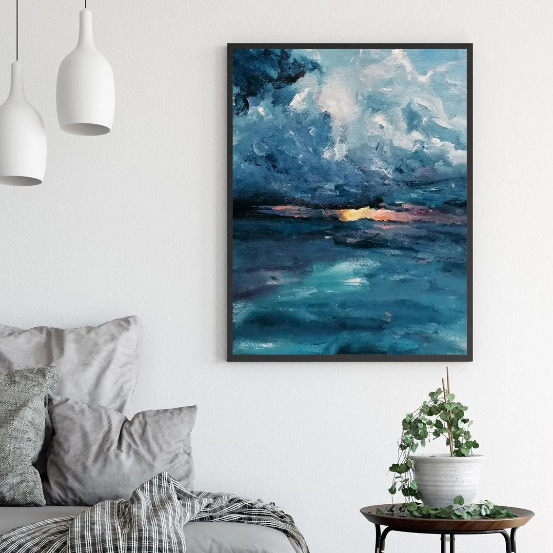 Vertical blue & pink abstract seascape wall art print