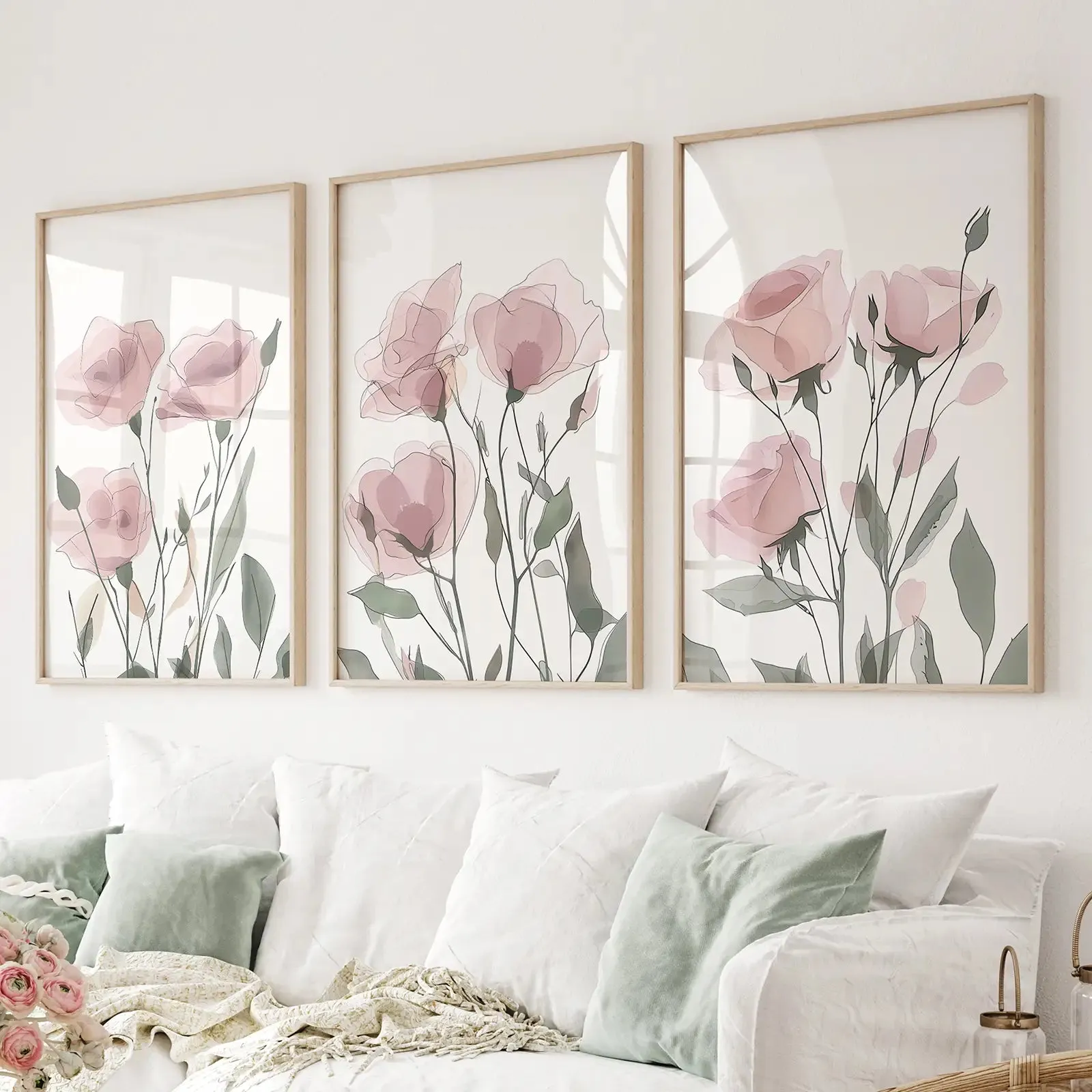 Watercolor Blush Pink Flowers Poster Decor Set