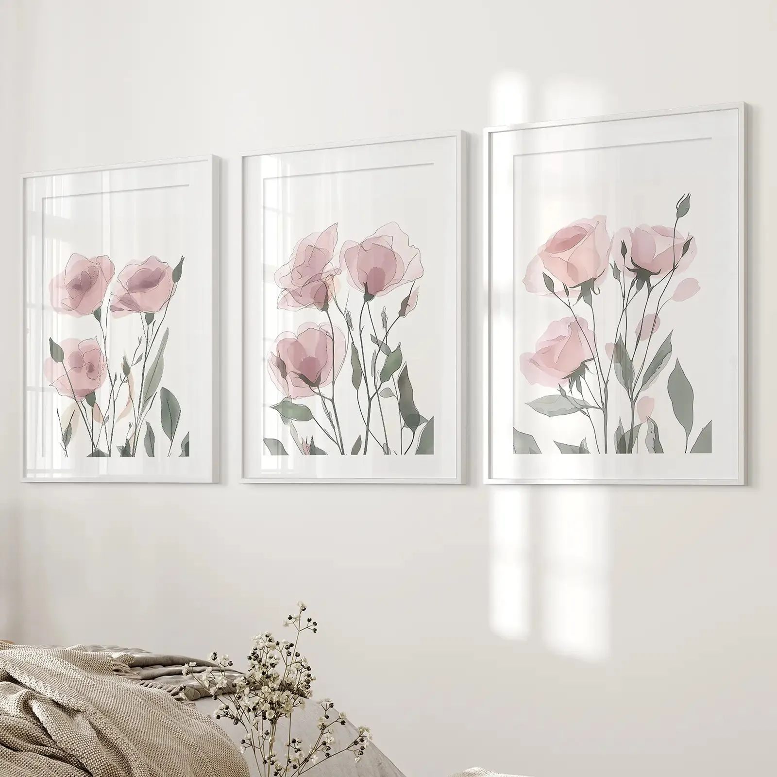 Watercolor Blush Pink Flowers Poster Decor Set