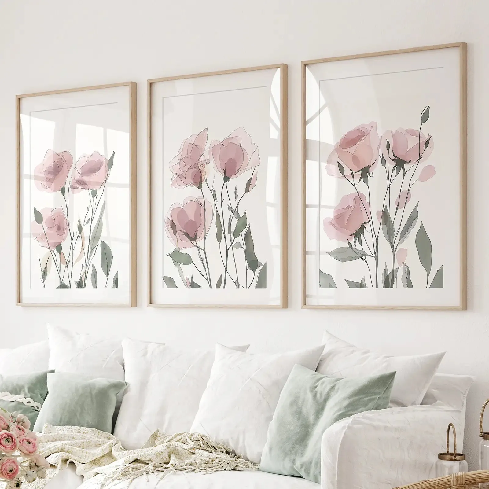 Watercolor Blush Pink Flowers Poster Decor Set