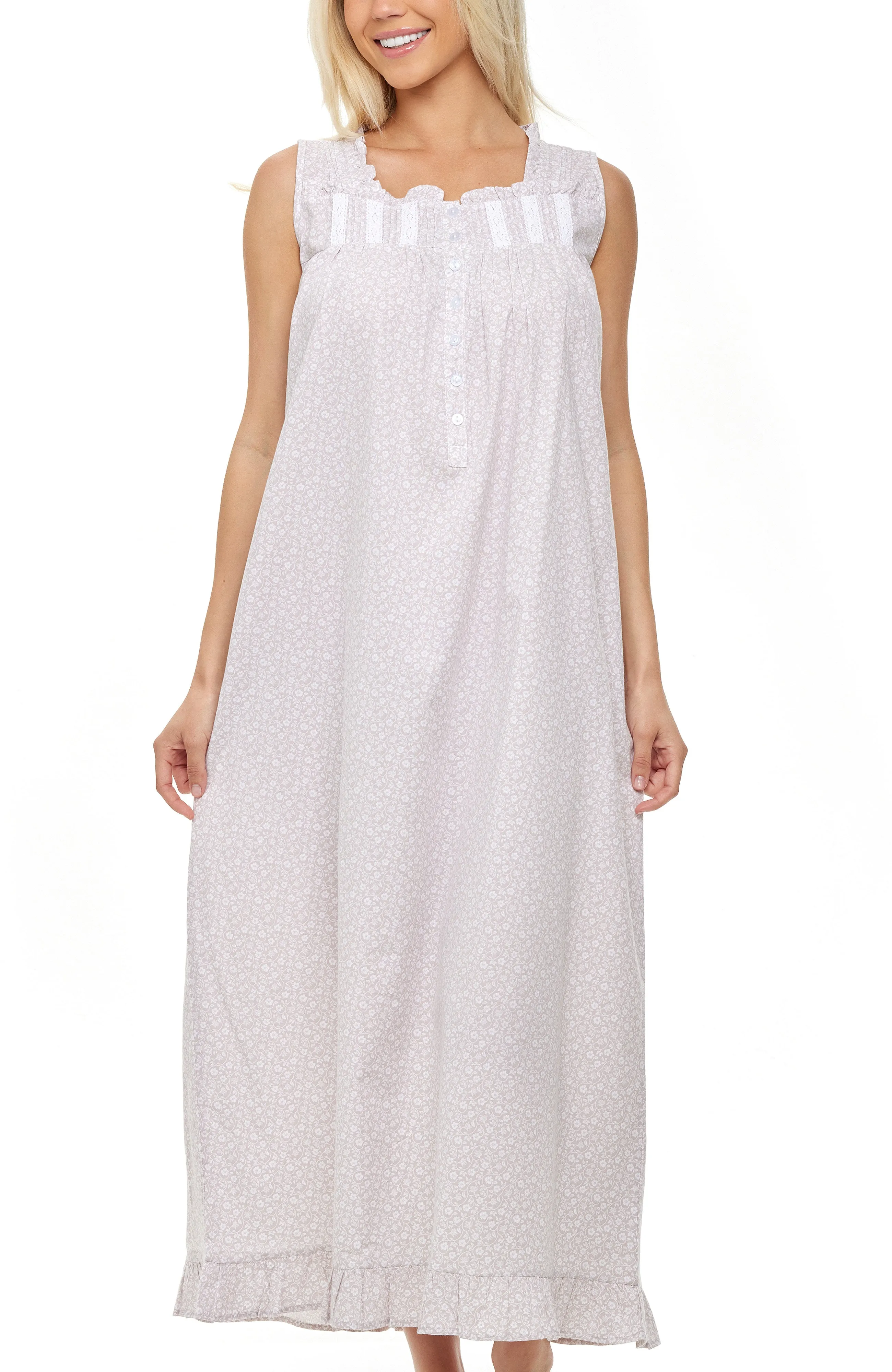 Women's Cotton Victorian Nightgown with Pockets, Clara Sleeveless Lace Trimmed Button Up Long Night Dress