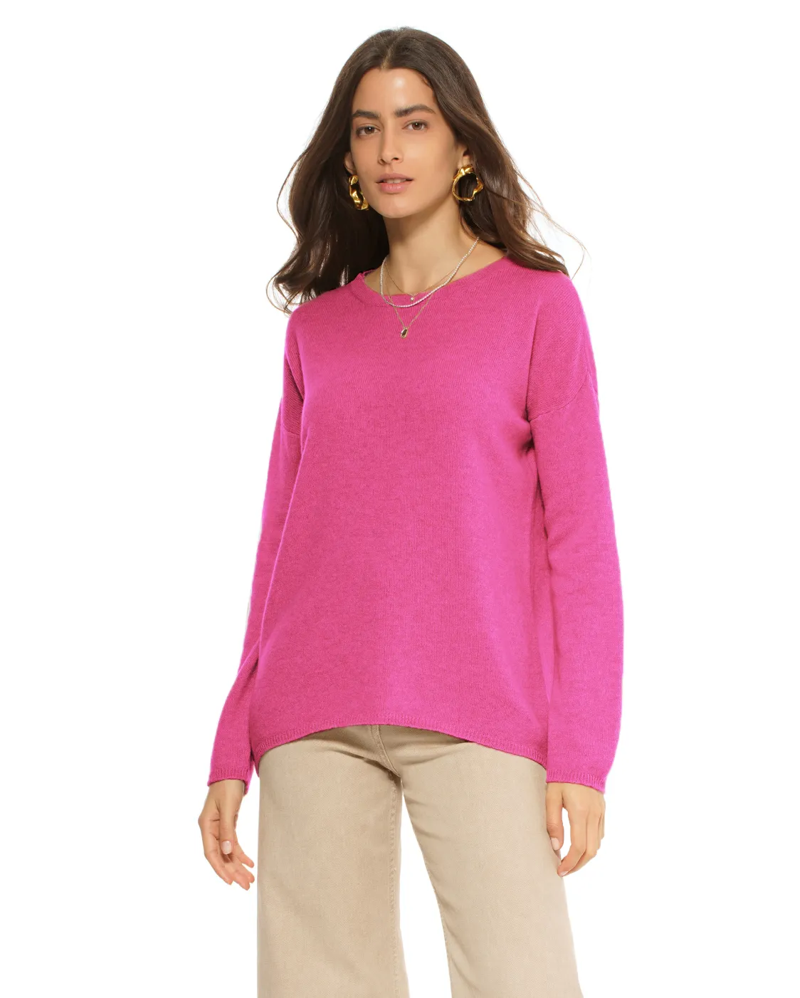 Women's Oversized Cashmere Boatneck Sweater Fuchsia