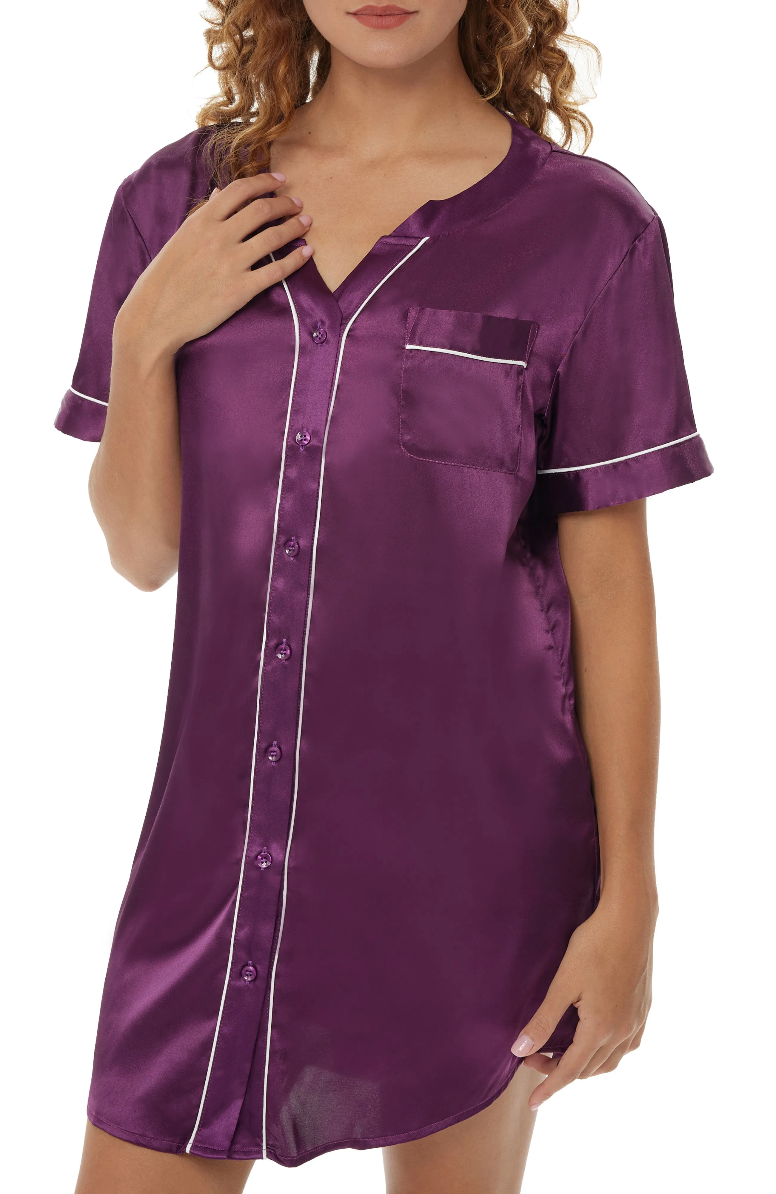 Women's Satin Nightshirt, Short Sleeve Sleep Shirt, Pajama Top