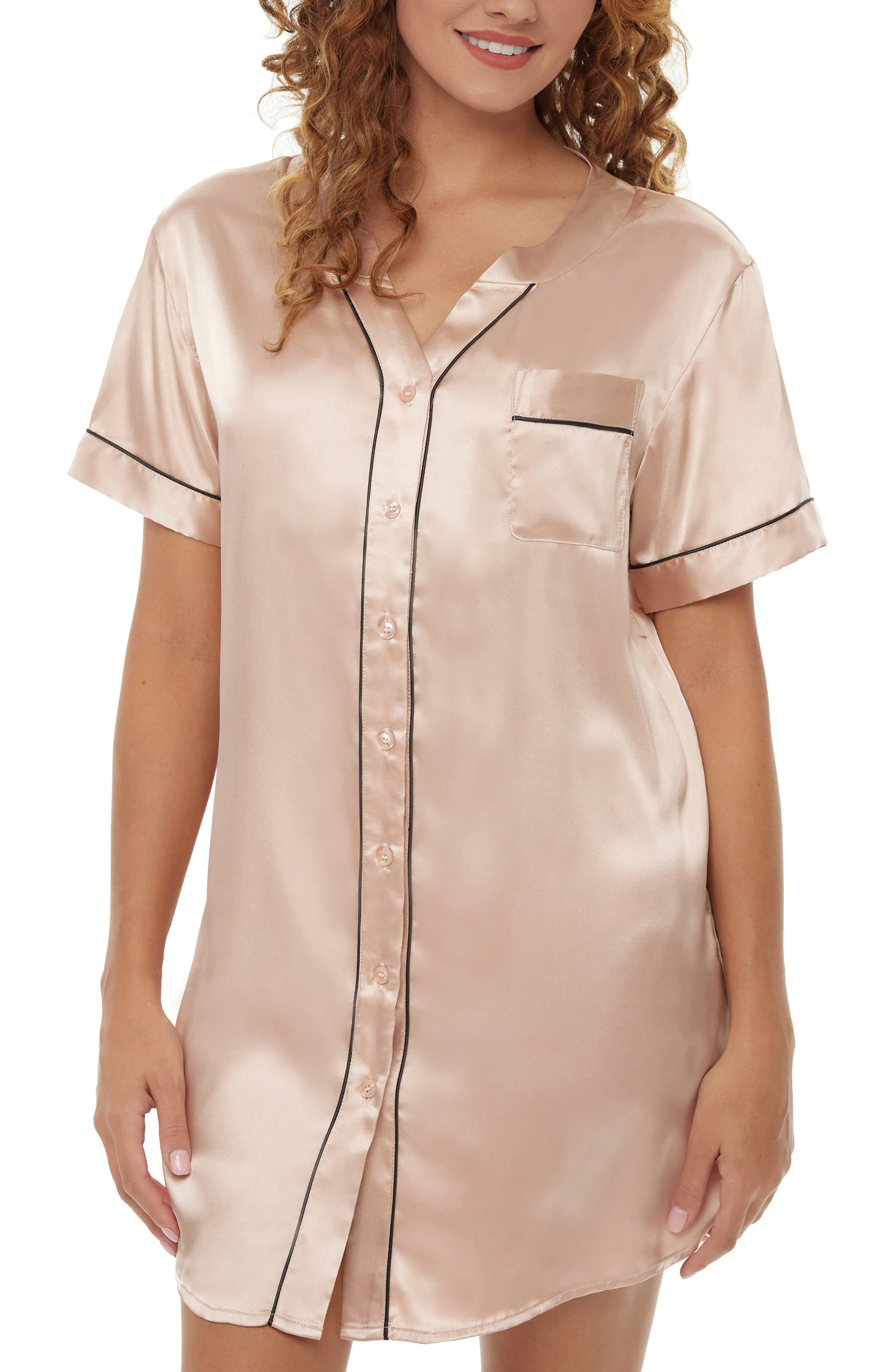 Women's Satin Nightshirt, Short Sleeve Sleep Shirt, Pajama Top