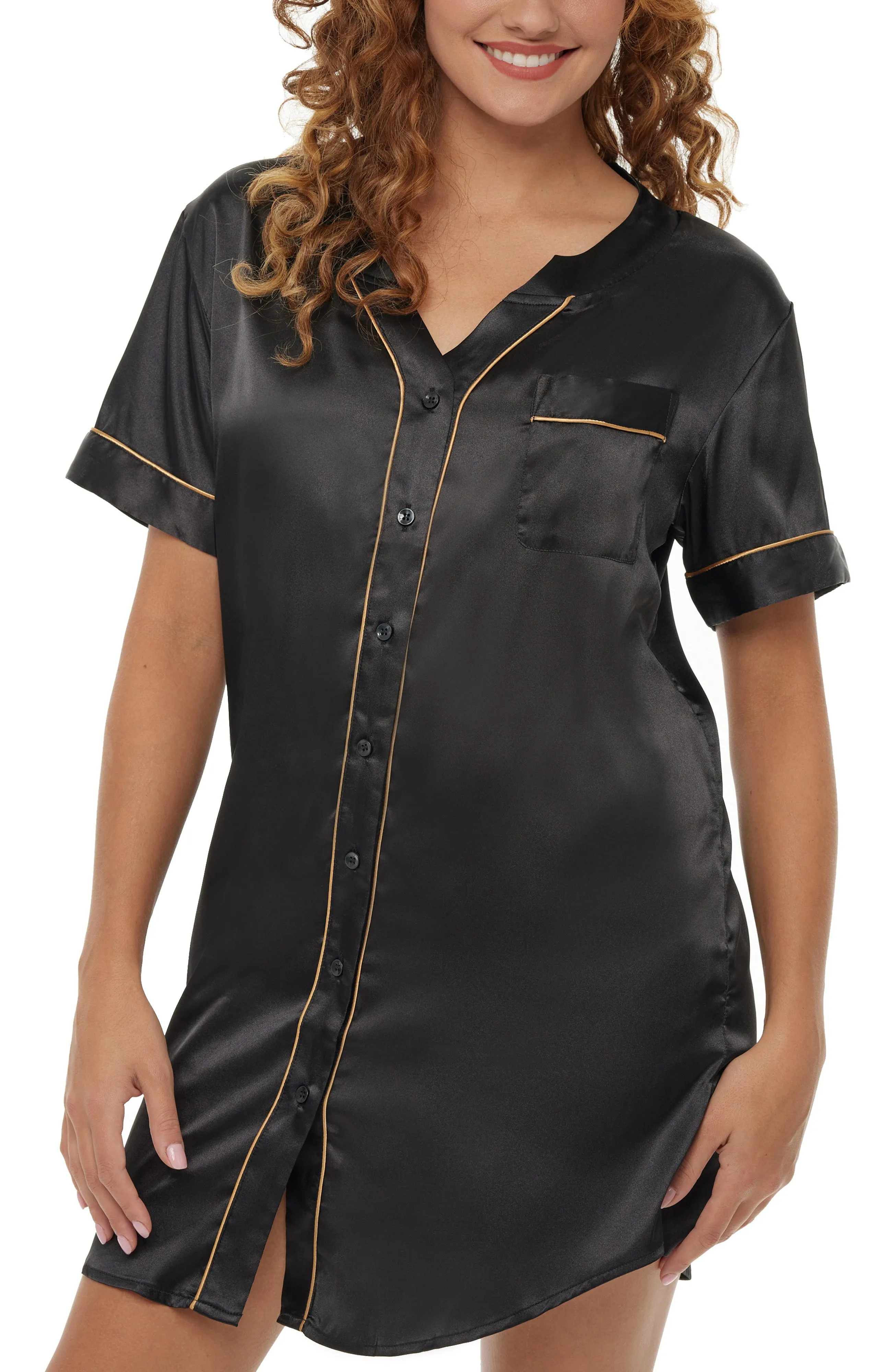 Women's Satin Nightshirt, Short Sleeve Sleep Shirt, Pajama Top