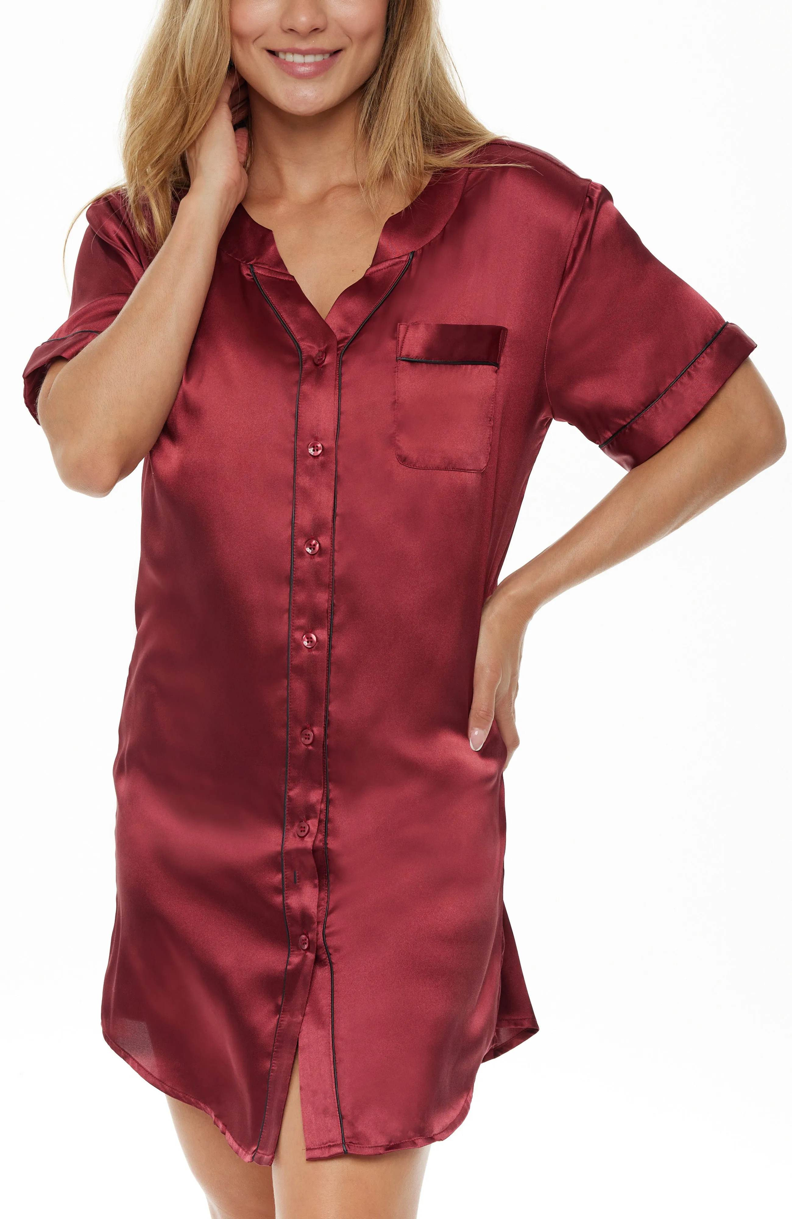 Women's Satin Nightshirt, Short Sleeve Sleep Shirt, Pajama Top