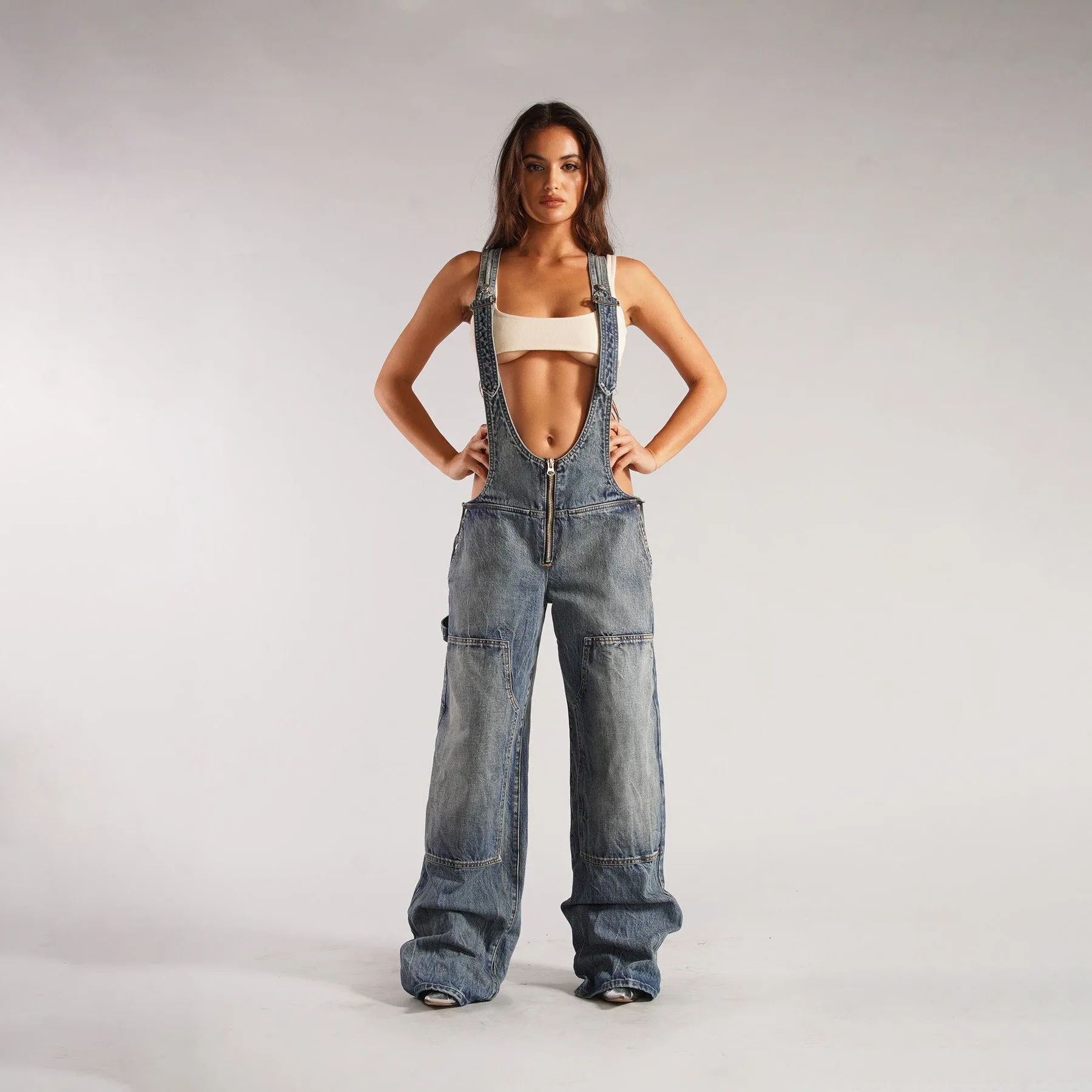 Y2K Zipper Denim Overalls With Pockets Fashion Loose Suspender Jumpsuit Streetwear Jeans Pants Womens Clothing