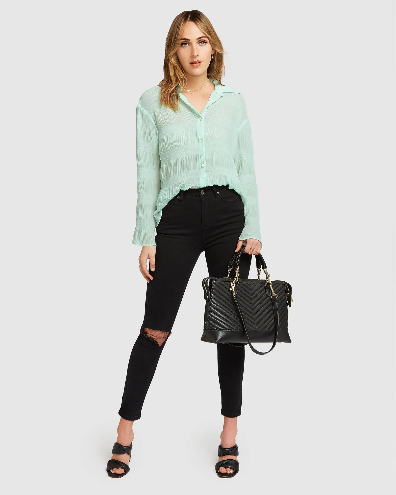 Yoko Shirred Chiffon Blouse - Mint FINAL SALE