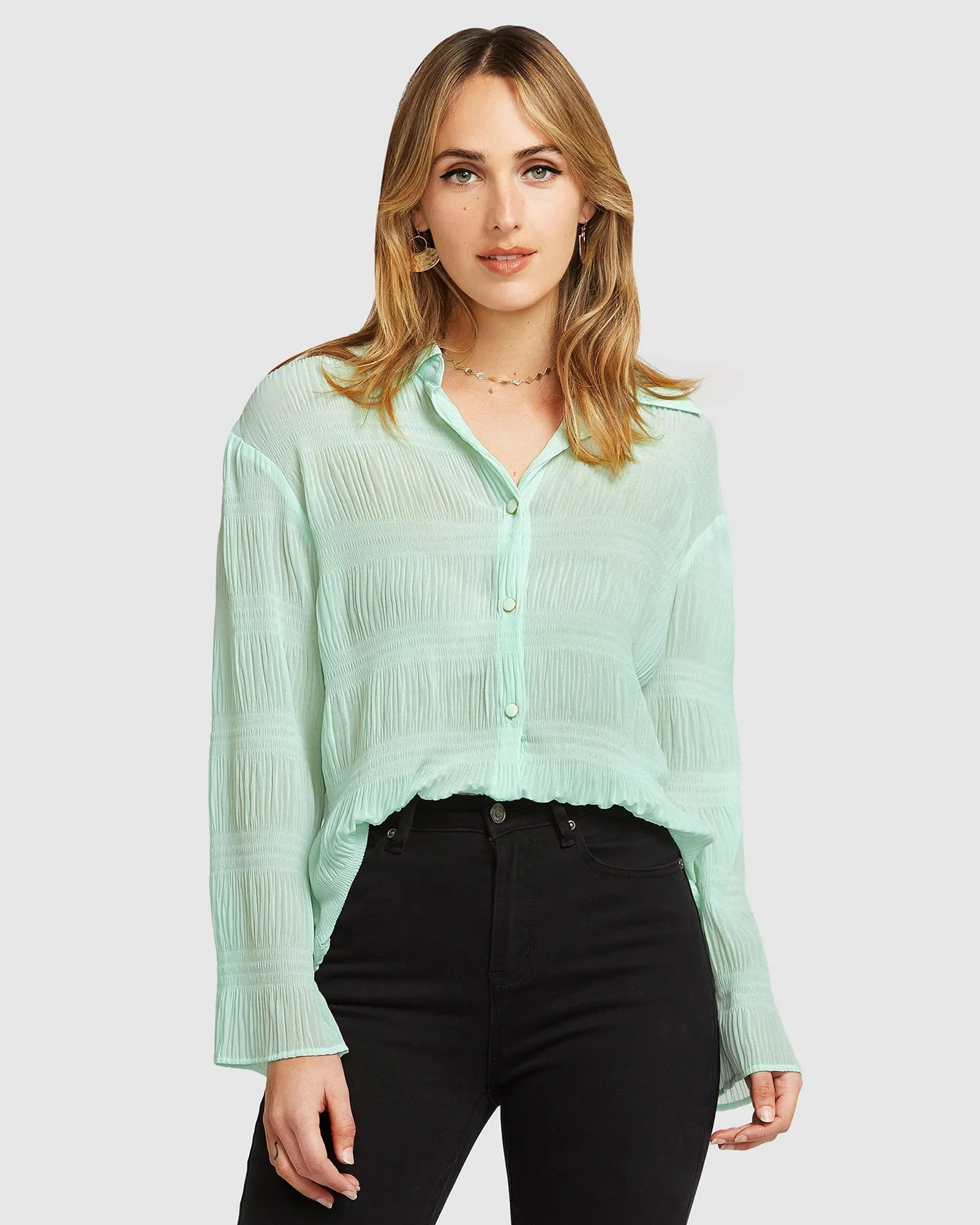 Yoko Shirred Chiffon Blouse - Mint FINAL SALE