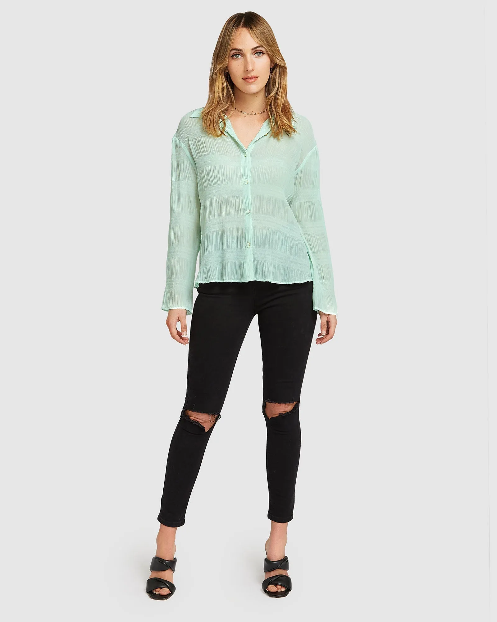 Yoko Shirred Chiffon Blouse - Mint FINAL SALE