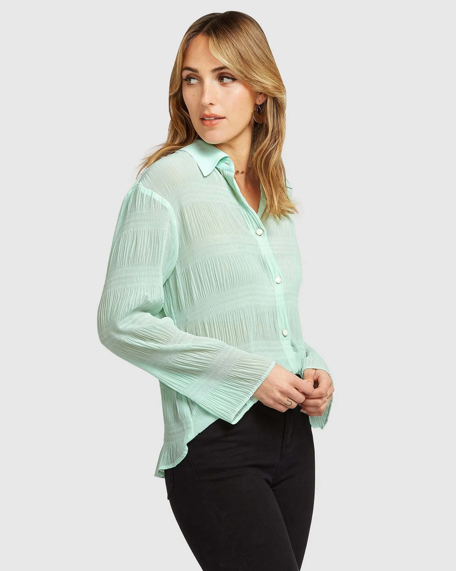 Yoko Shirred Chiffon Blouse - Mint FINAL SALE