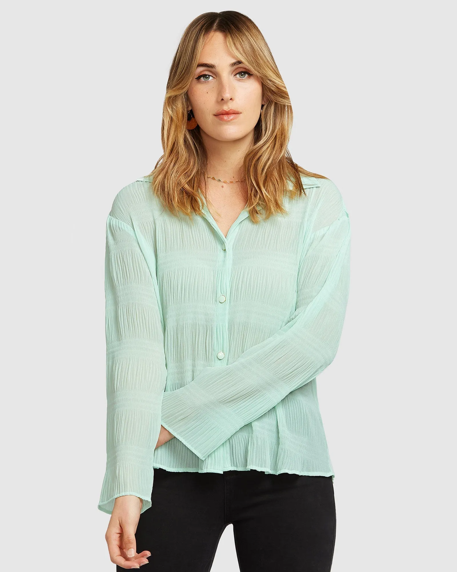 Yoko Shirred Chiffon Blouse - Mint FINAL SALE